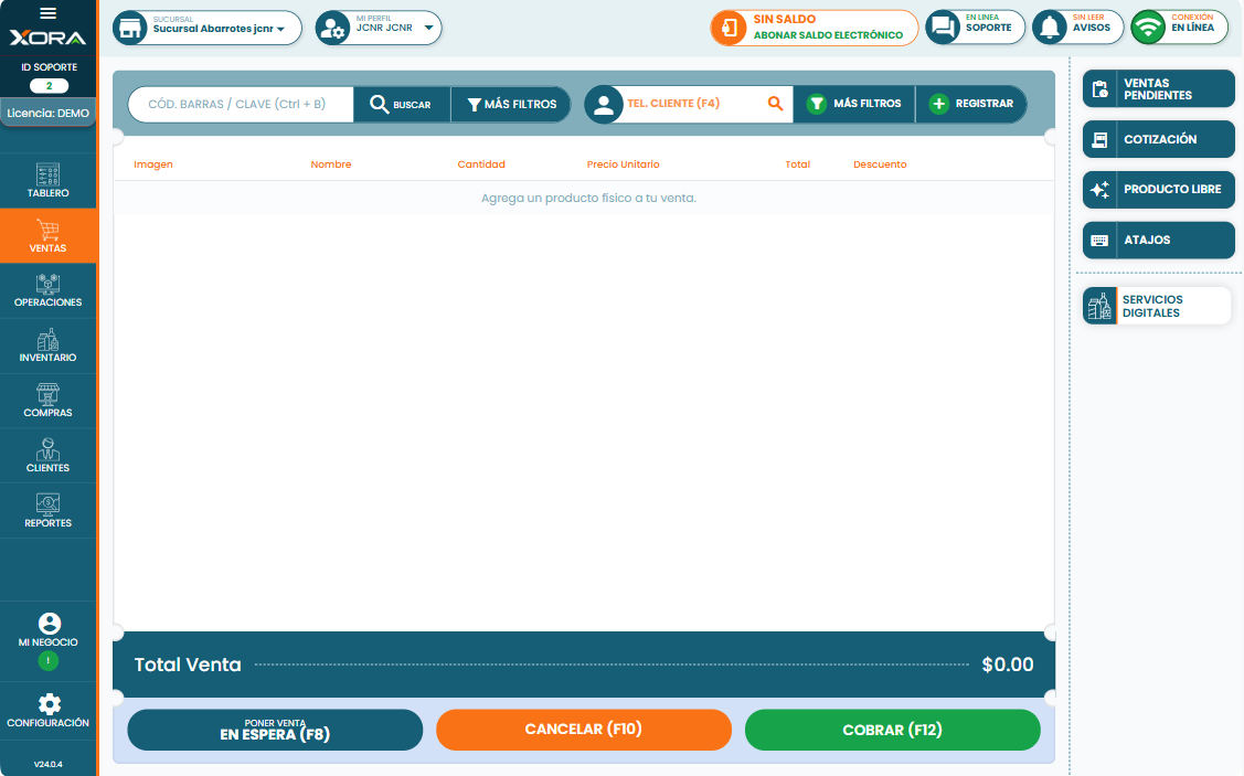 Pantalla de ventas de XoraPOS con productos, total de venta, acciones de cobro y servicios digitales