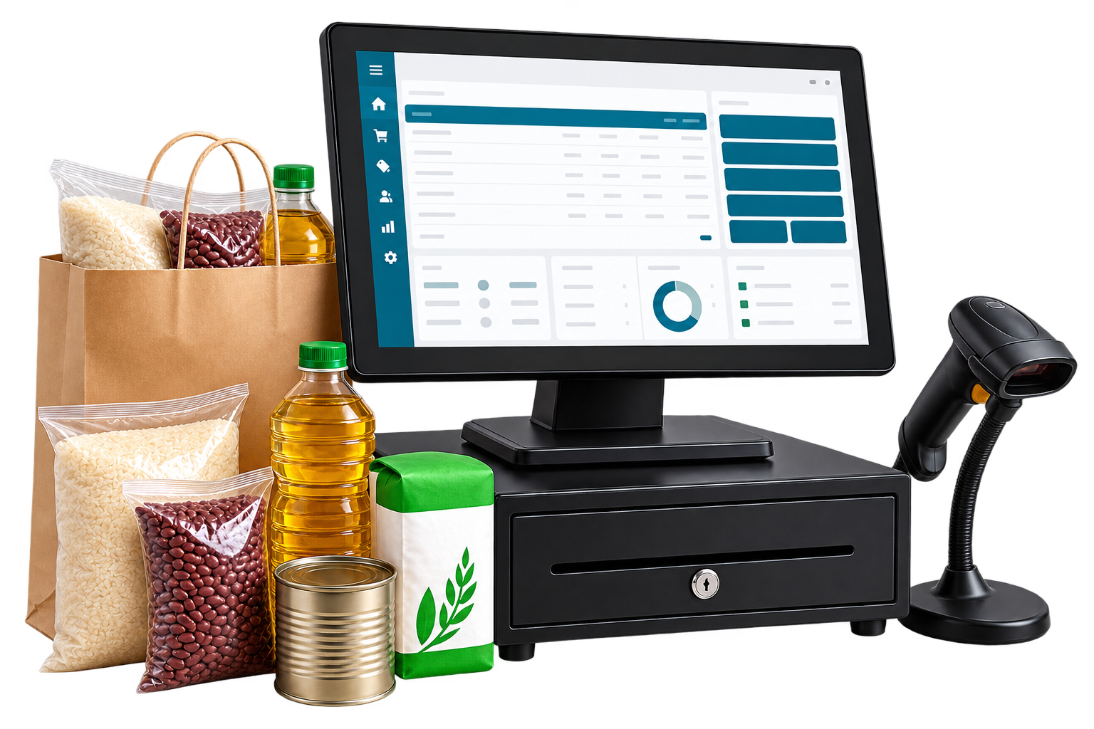 Punto de venta XoraPOS con escáner y productos de una tienda de abarrotes