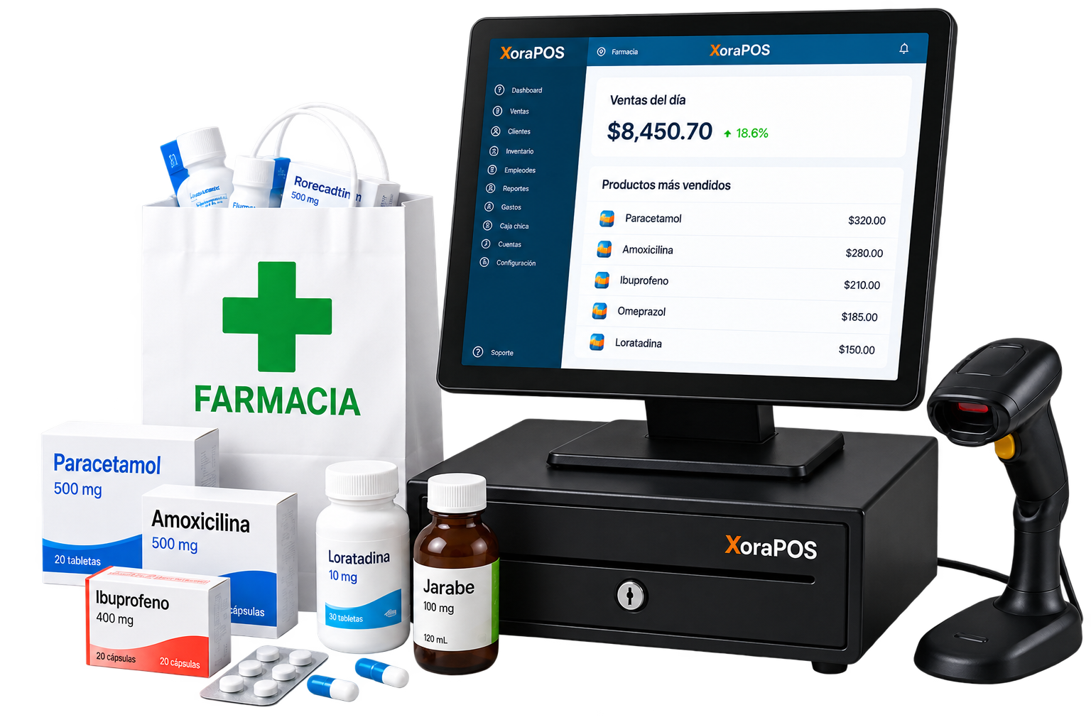 Punto de venta XoraPOS con medicamentos, escáner y productos de farmacia