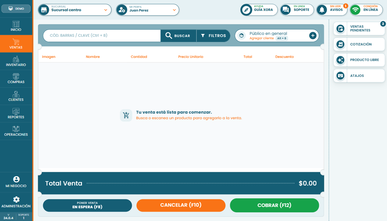 Pantalla de ventas de XoraPOS para una papelería